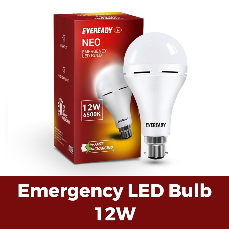 Eveready 12W Emergency Inverter LED Bulb, Cool Day Light (6500K), Rechargeable Bulb with 3 Hours Backup, Ideal for Powercuts, Energy Efficient, B22 Base, Pack of 1 Eveready 12W Emergency Inverter LED Bulb, Cool Day Light (6500K), Rechargeable Bulb with 3 Hours Backup, Ideal for Powercuts, Energy Efficient, B22 Base, Pack of 1