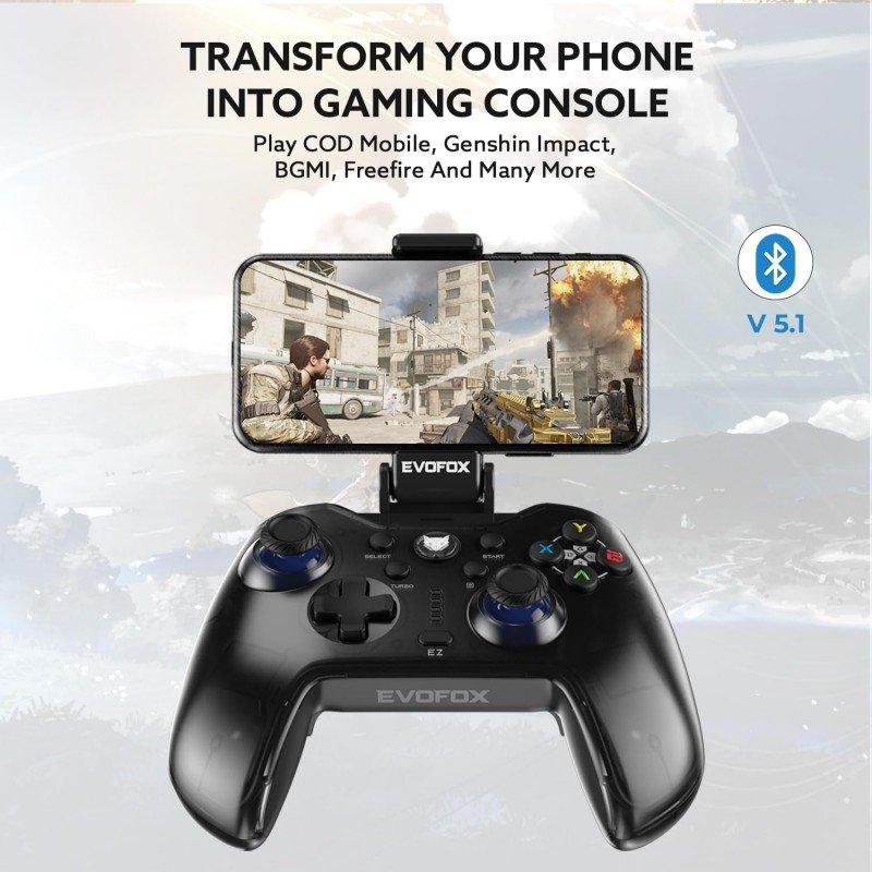 EvoFox Go Smartphone Bluetooth Mobile Gamepad for iPhones, iPads & Android | 2 Programmable Macro Back Buttons, Adjustable Dual Vibration Motors,Turbo Mode,Analog Triggers, High Precision Joysticks with Android KeyMap Mode, Dojo App (Grey) EvoFox Go Smartphone Bluetooth Mobile Gamepad for iPhones, iPads & Android | 2 Programmable Macro Back Buttons, Adjustable Dual Vibration Motors,Turbo Mode,Analog Triggers, High Precision Joysticks with Android KeyMap Mode, Dojo App (Grey)