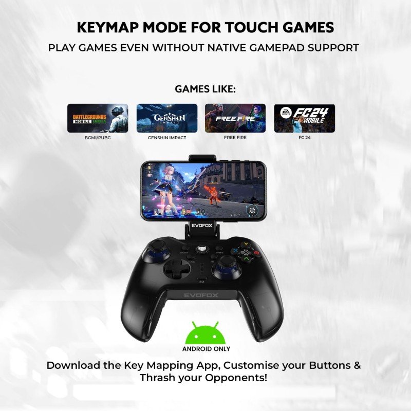 EvoFox Go Smartphone Bluetooth Mobile Gamepad for iPhones, iPads & Android | 2 Programmable Macro Back Buttons, Adjustable Dual Vibration Motors,Turbo Mode,Analog Triggers, High Precision Joysticks with Android KeyMap Mode, Dojo App (Grey) EvoFox Go Smartphone Bluetooth Mobile Gamepad for iPhones, iPads & Android | 2 Programmable Macro Back Buttons, Adjustable Dual Vibration Motors,Turbo Mode,Analog Triggers, High Precision Joysticks with Android KeyMap Mode, Dojo App (Grey)