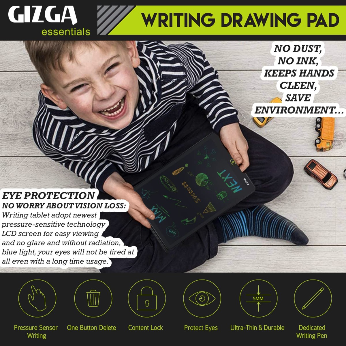 Gizga Essentials Magic Slate Digital LCD Writing Tablet with Stylus Pen & 16-Inch Screen, Slate Board for E-Notes