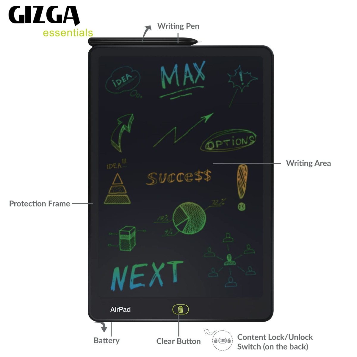 Gizga Essentials Magic Slate Digital LCD Writing Tablet with Stylus Pen & 16-Inch Screen, Slate Board for E-Notes