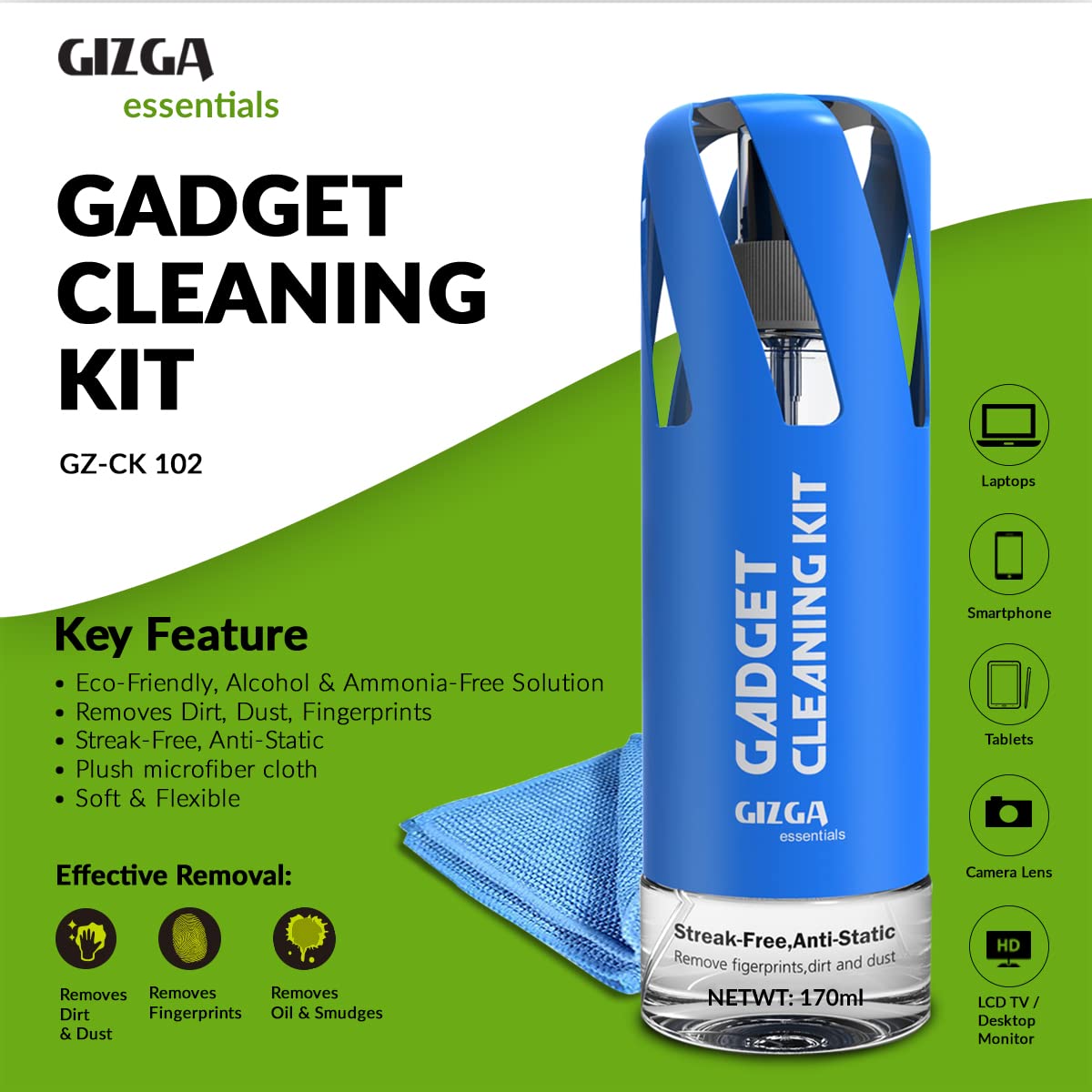 Gizga Essentials Professional Cleaning Kit for Mobile, Laptops, Cameras and Sensitive Electronics (Includes: Plush Micro-Fiber Cloth, 170ML Antibacterial Cleaning Solution)
