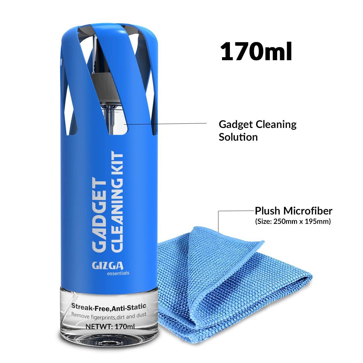Gizga Essentials Professional Cleaning Kit for Mobile, Laptops, Cameras and Sensitive Electronics (Includes: Plush Micro-Fiber Cloth, 170ML Antibacterial Cleaning Solution)