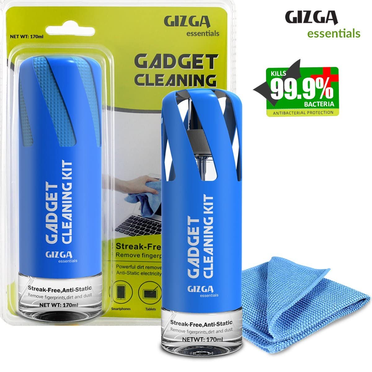 Gizga Essentials Professional Cleaning Kit for Mobile, Laptops, Cameras and Sensitive Electronics (Includes: Plush Micro-Fiber Cloth, 170ML Antibacterial Cleaning Solution)