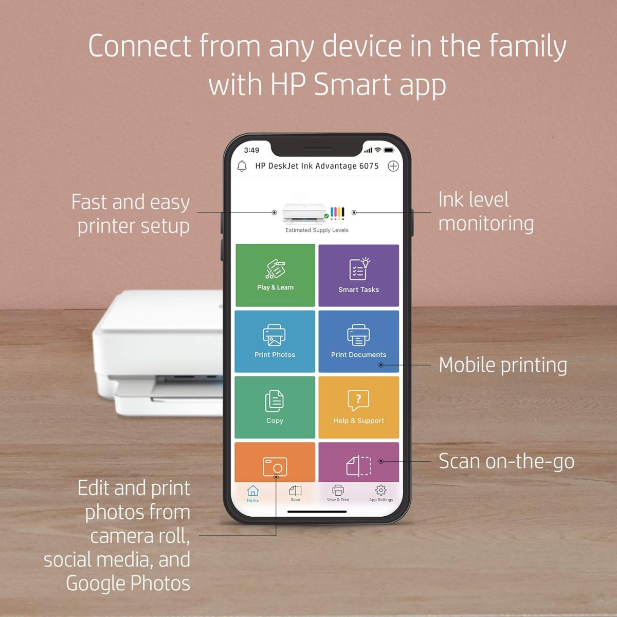 HP Deskjet Plus Ink Advantage 6075 WiFi Colour Printer with Voice Activated Printing, Without Cartridge (White, Grey) refurbished