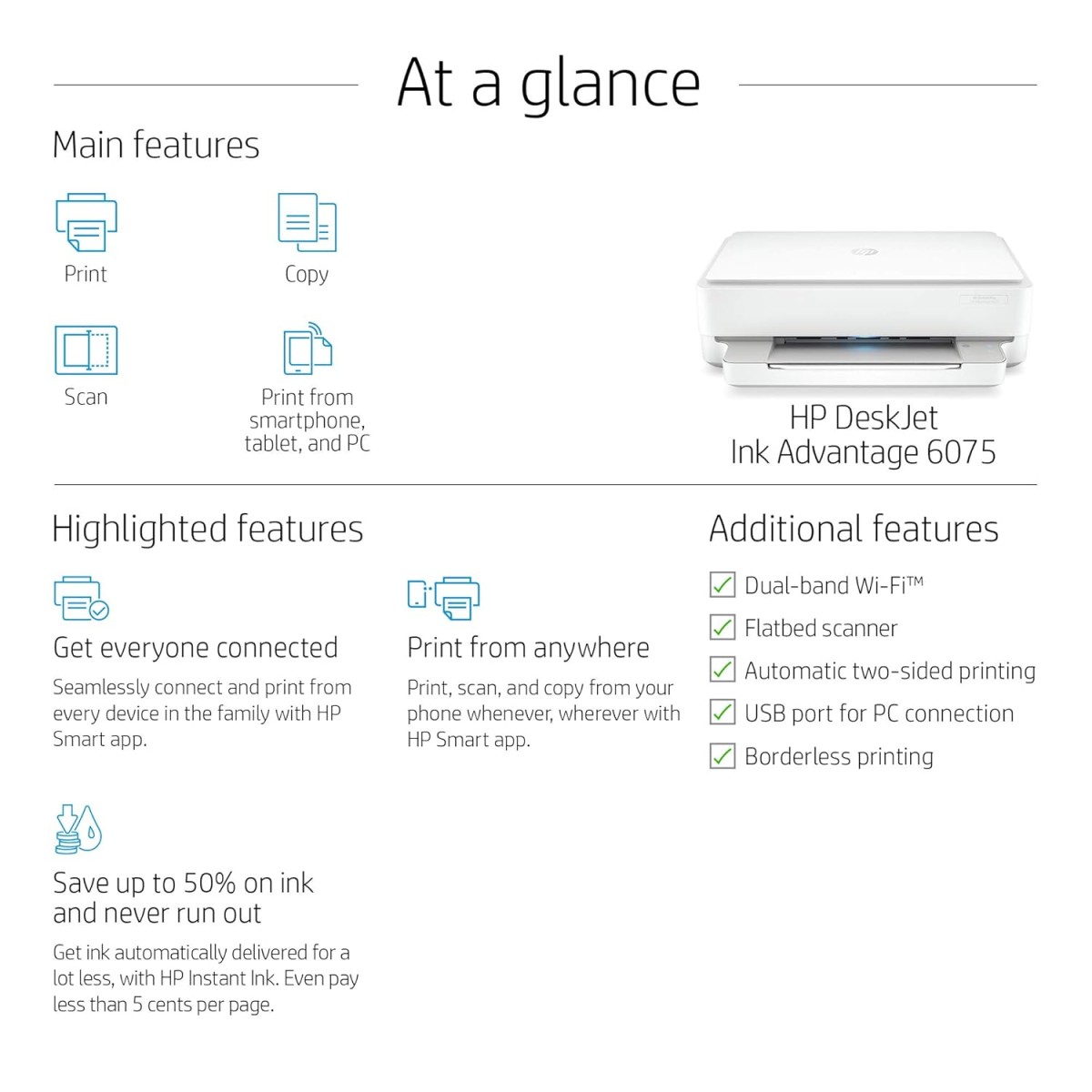 HP Deskjet Plus Ink Advantage 6075 WiFi Colour Printer with Voice Activated Printing, Without Cartridge (White, Grey) refurbished