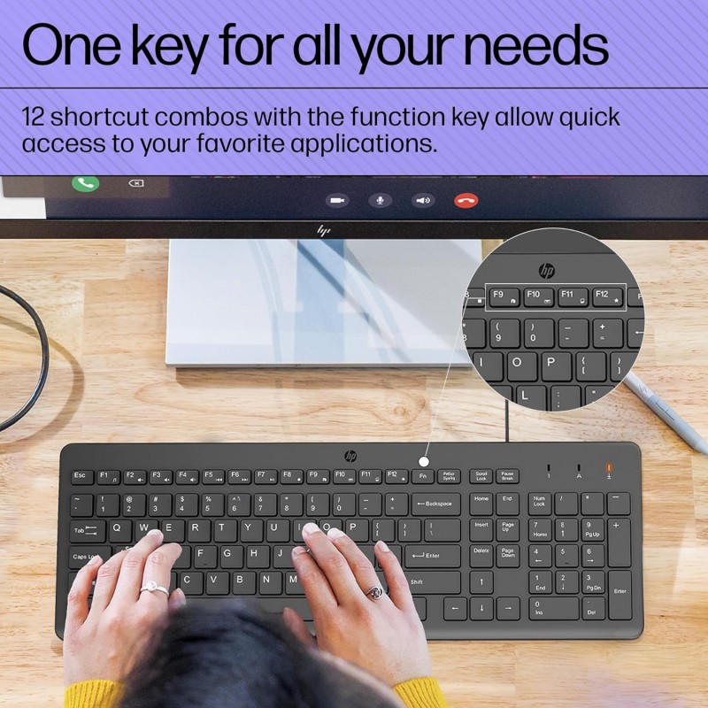 HP 150 Wired Keyboard, Quick, Comfy and Ergonomically Design, 12Fn Shortcut Keys, Plug and Play USB Connection and LED Indicator, 3 Years Warranty HP 150 Wired Keyboard, Quick, Comfy and Ergonomically Design, 12Fn Shortcut Keys, Plug and Play USB Connection and LED Indicator, 3 Years Warranty
