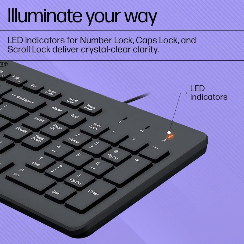 HP 150 Wired Keyboard, Quick, Comfy and Ergonomically Design, 12Fn Shortcut Keys, Plug and Play USB Connection and LED Indicator, 3 Years Warranty HP 150 Wired Keyboard, Quick, Comfy and Ergonomically Design, 12Fn Shortcut Keys, Plug and Play USB Connection and LED Indicator, 3 Years Warranty