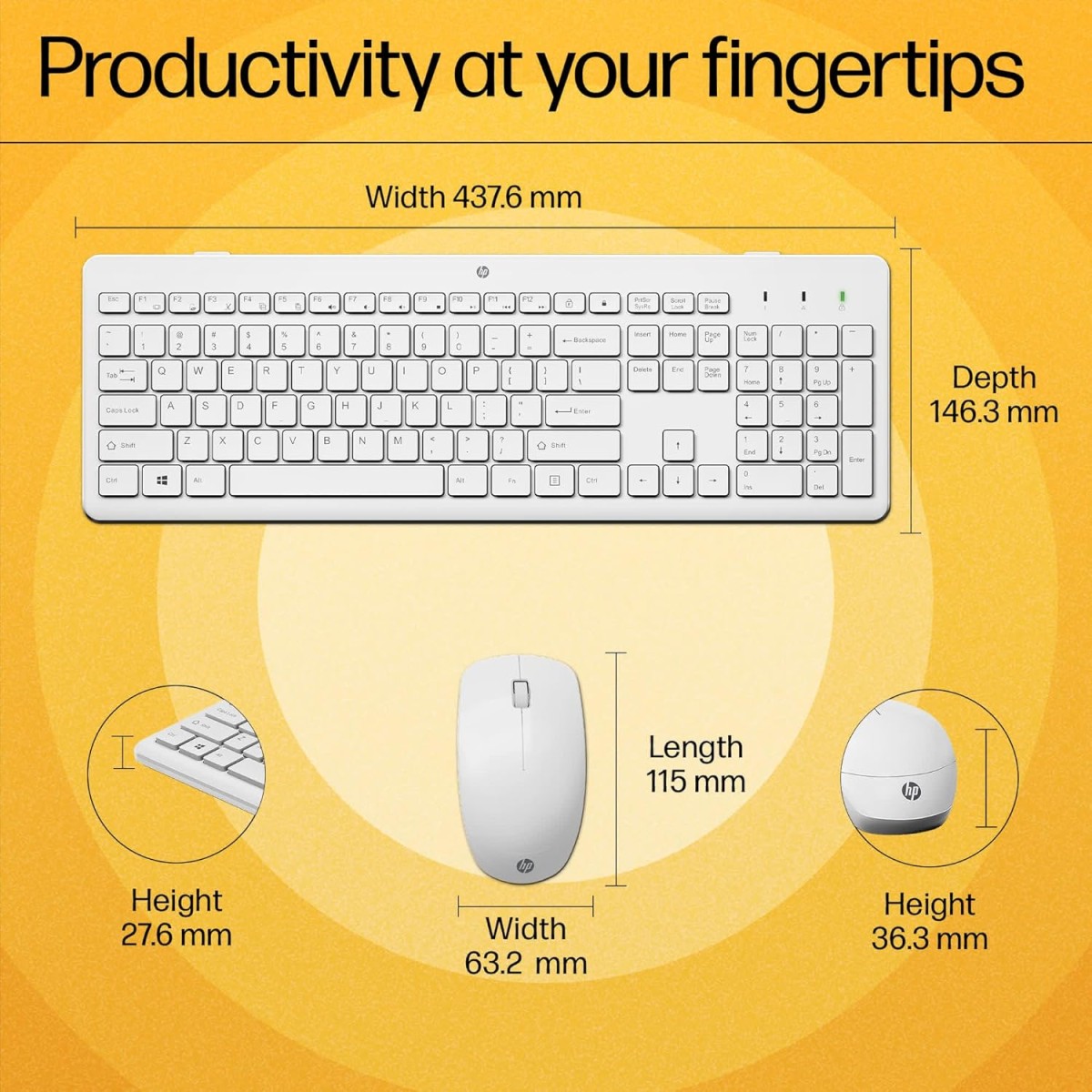 HP 230 Wireless Keyboard and Mouse Combo, 2.4GHz USB dongle, 1600 dpi, Windows PC Compatible, Full-Size Keyboard with Numeric pad, 12 Function Keys, 1-Year Warranty, 0.56 kg, White, 3L1F0AA