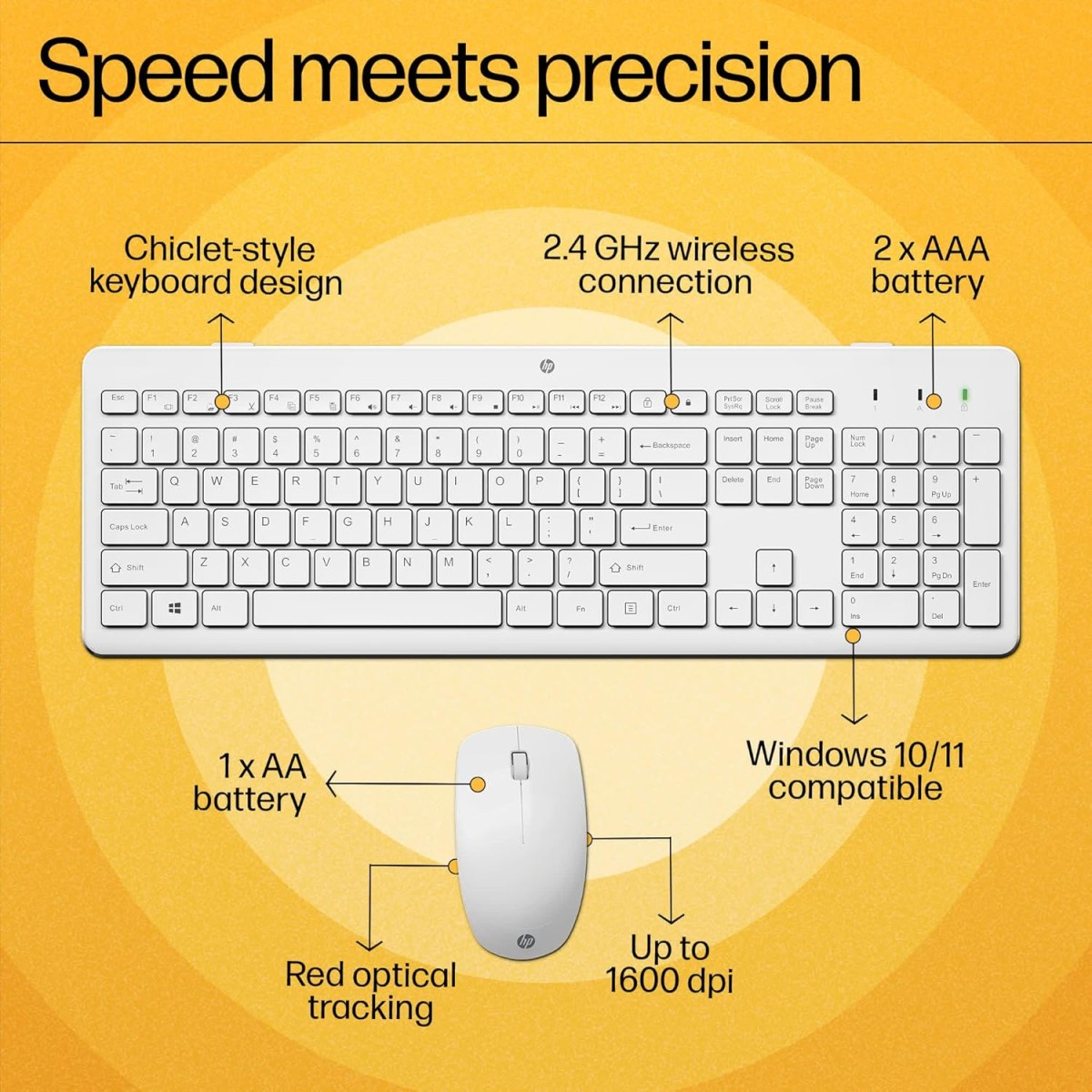 HP 230 Wireless Keyboard and Mouse Combo, 2.4GHz USB dongle, 1600 dpi, Windows PC Compatible, Full-Size Keyboard with Numeric pad, 12 Function Keys, 1-Year Warranty, 0.56 kg, White, 3L1F0AA
