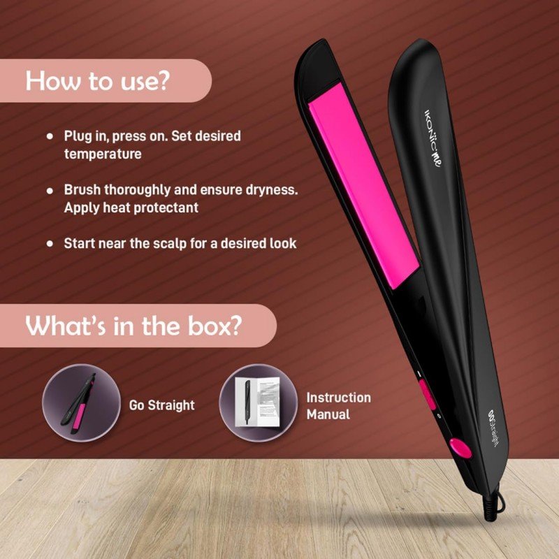 Ikonic Go Straight Hair Straightener, Black & Pink | Floating & Ceramic Plates| Lock Function| Quick & Easy to Use Ikonic Go Straight Hair Straightener, Black & Pink | Floating & Ceramic Plates| Lock Function| Quick & Easy to Use
