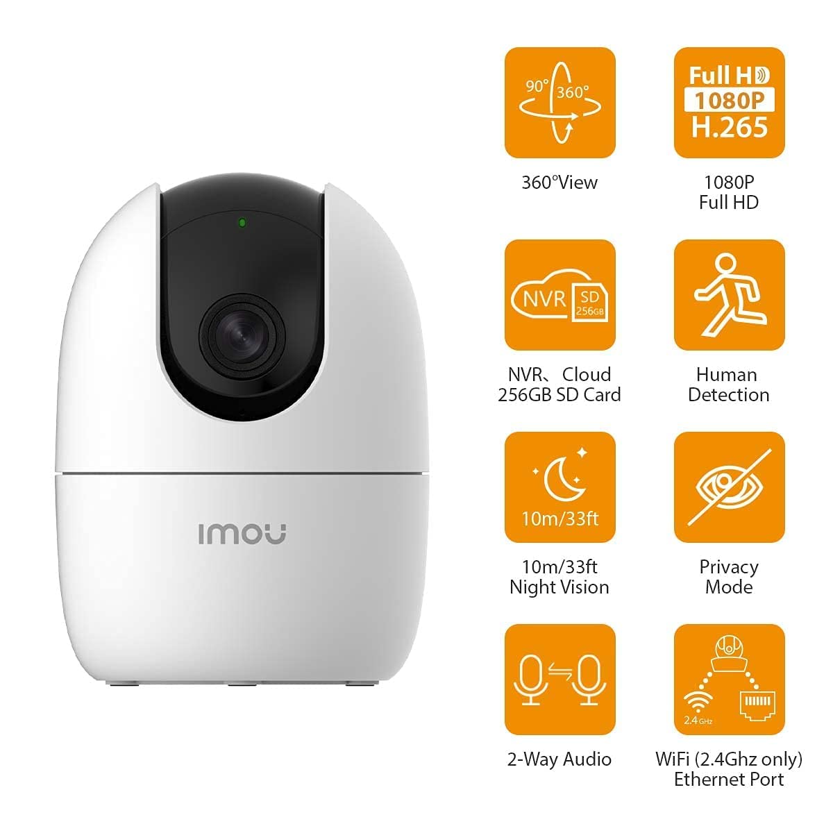 Imou Ranger 2-D, 360° Coverage, AI Human Detection, Privacy Mode, Human Detection,1080P, Built-in Siren,Wireless, Smart Tracking, Privacy Mode, Night Vision, Two-Way Talk, Cloud, White