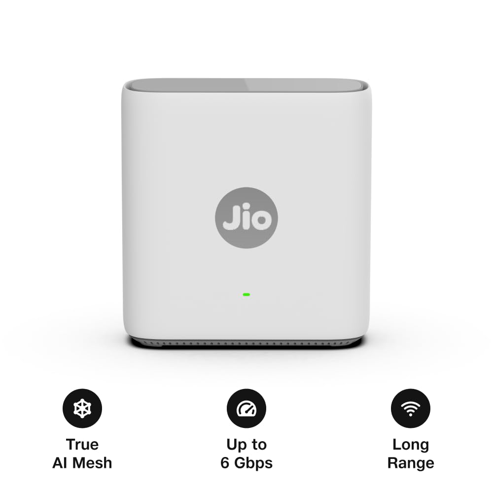 Jio AX6000 Mesh WiFi 6 Device, Works with JioAirFiber Only, Jio True AI Mesh, Dual Band, Up to 6 Gbps Speed, WPA3 Security, Mu-MIMO, OFDMA, Easy Setup with JioHome App, Wireless Range Extender(JE6801)