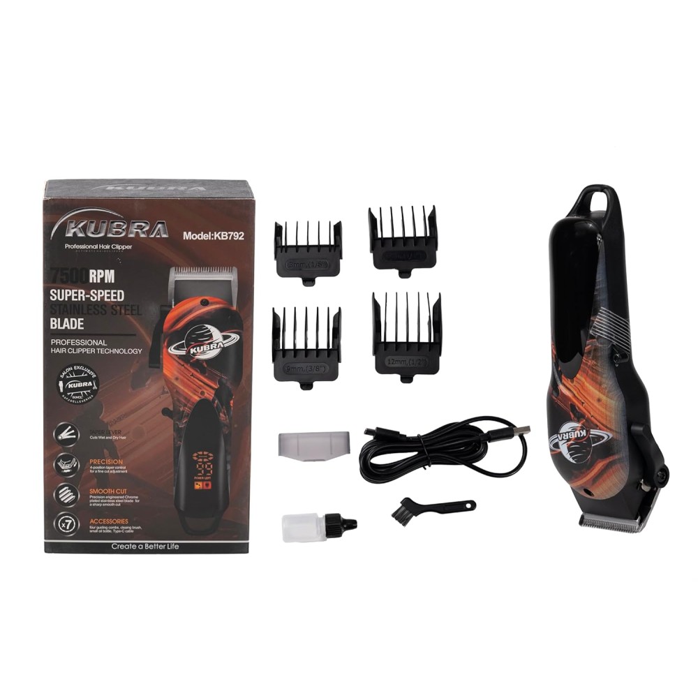 Kubra Kb - 792 Professional Battery Powered Hair Clipper For Men - Green | Beard & Body Trimmer | USB Fast Charging | Stainless Steel Self-Sharpening Blades