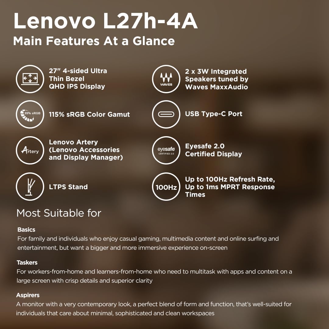 Lenovo L-Series 27 inch (68.5cm) QHD IPS Monitor| 100Hz, 1ms, FreeSync, 99% sRGB, 90% DCI-P3, 3Wx2 Speakers, 4xUSB-A, 1xUSB-C, 2X HDMI 2.1, Tilt, Swivel, Pivot Height Adjust Stand: Grey, L27h-4A