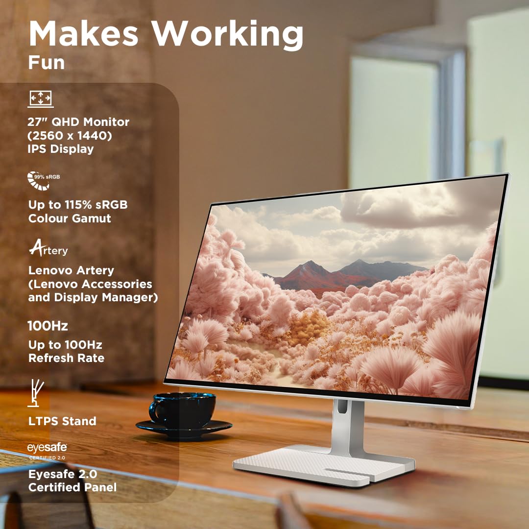 Lenovo L-Series 27 inch (68.5cm) QHD IPS Monitor| 100Hz, 1ms, FreeSync, 99% sRGB, 90% DCI-P3, 3Wx2 Speakers, 4xUSB-A, 1xUSB-C, 2X HDMI 2.1, Tilt, Swivel, Pivot Height Adjust Stand: Grey, L27h-4A