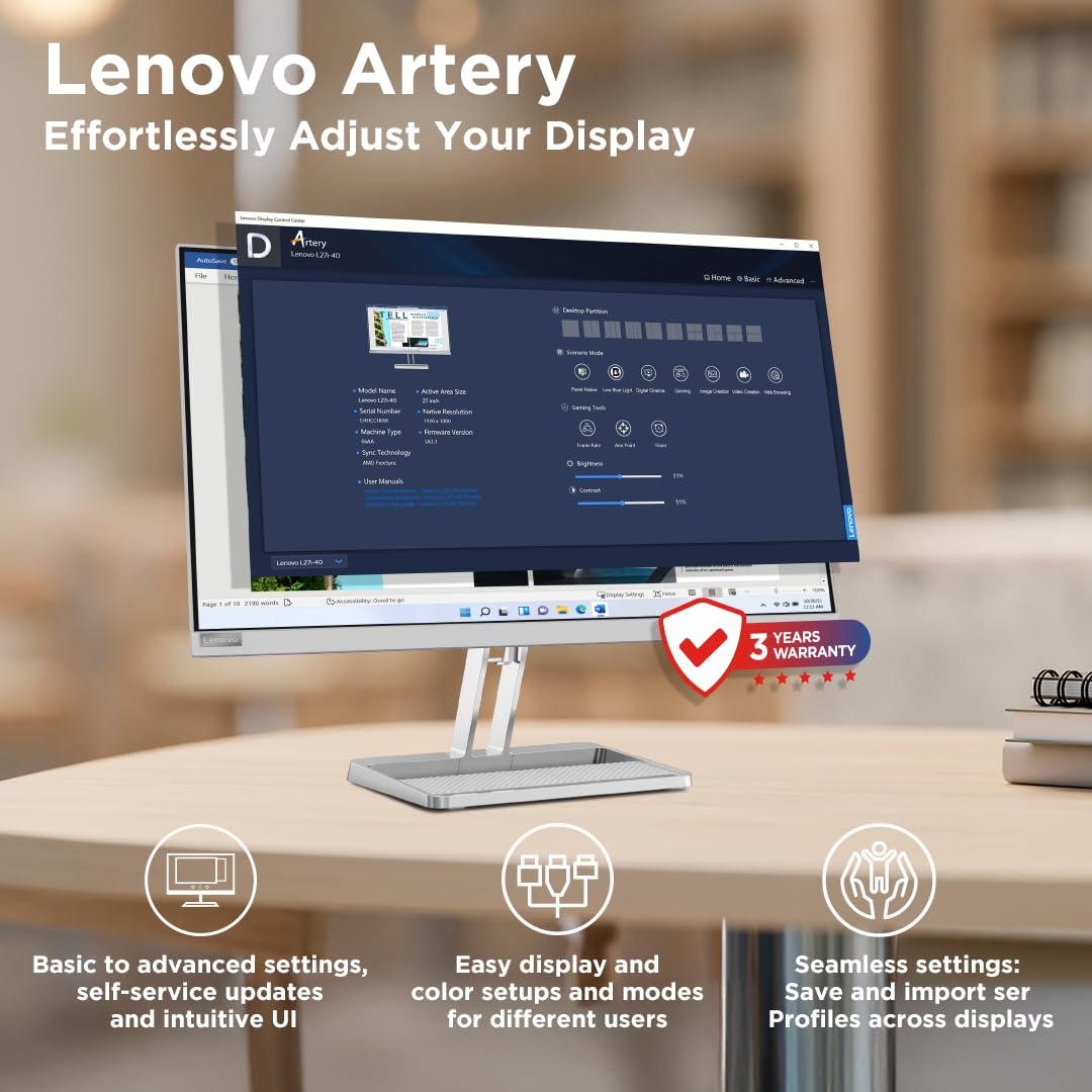 Lenovo L-Series 27 inch (68.5cm) QHD IPS Monitor| 100Hz, 1ms, FreeSync, 99% sRGB, 90% DCI-P3, 3Wx2 Speakers, 4xUSB-A, 1xUSB-C, 2X HDMI 2.1, Tilt, Swivel, Pivot Height Adjust Stand: Grey, L27h-4A