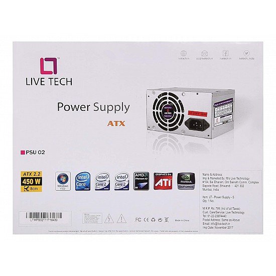 Live Tech 450 Watt Economic Series Power Supply Model PS450W (SMPS with 20+4 pin)