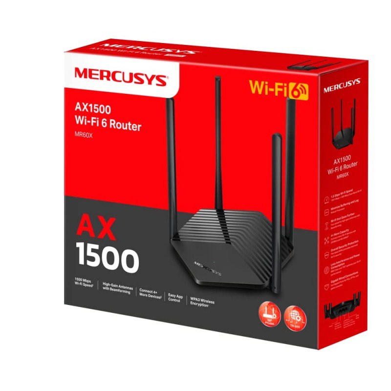 Mercusys MR60X AX1500 WiFi 6 Router | Dual Band 1500 Mbps Wireless 1.5 Gbps Gigabit Wi-Fi | OFDMA & MU-MIMO | 4× Multi-Directional high-gain Antennas with Beamforming Mercusys MR60X AX1500 WiFi 6 Router | Dual Band 1500 Mbps Wireless 1.5 Gbps Gigabit Wi-Fi | OFDMA & MU-MIMO | 4× Multi-Directional high-gain Antennas with Beamforming
