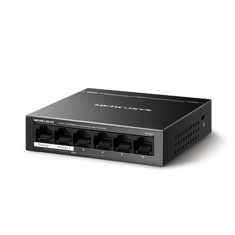 Mercusys MS106LP 6-Port 10/100Mbps Desktop Switch with 4-Port PoE+ Network Hub|2× Uplink Ports|Long-Range |PoE Auto Recovery | Plug and Play|Durable Metal Casing