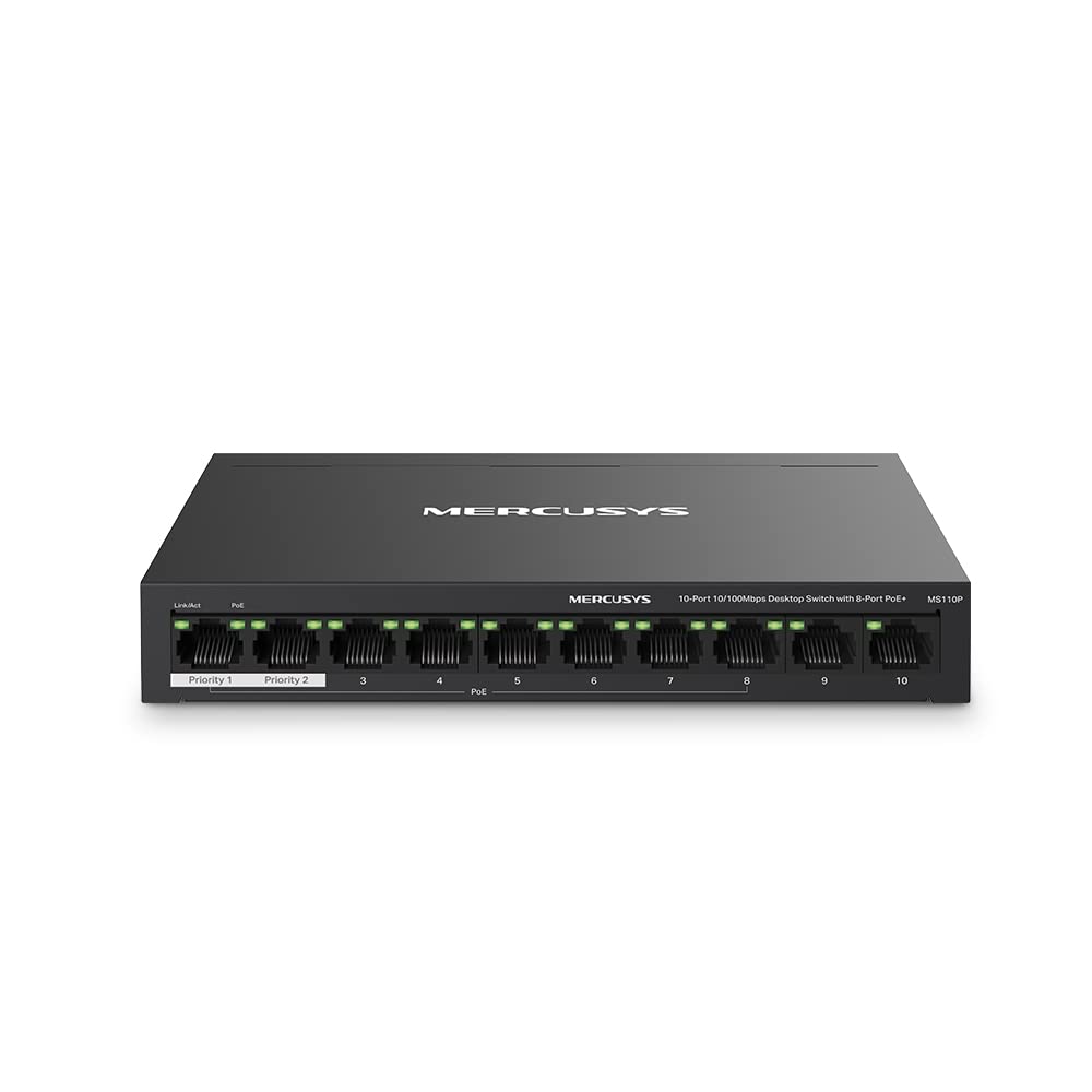 Mercusys MS110P 10-Port 10/100Mbps Desktop Switch with 8-Port PoE+ Network Hub|Works with IEEE 802.3af/at Compliant PDs|PoE Auto Recovery | Plug and Play| Durable Metal Casing
