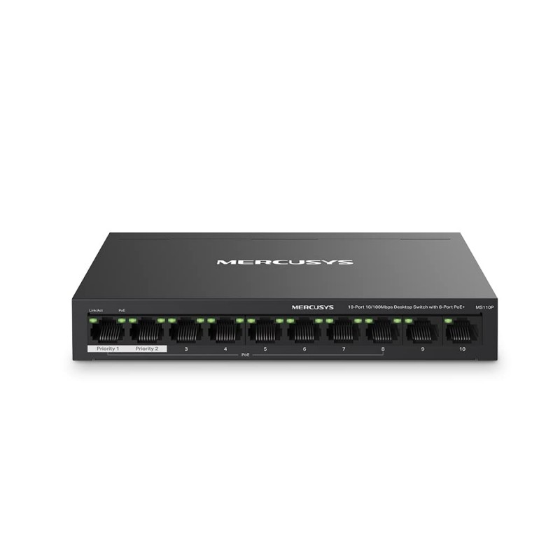 Mercusys MS110P 10-Port 10/100Mbps Desktop Switch with 8-Port PoE+ Network Hub|Works with IEEE 802.3af/at Compliant PDs|PoE Auto Recovery | Plug and Play| Durable Metal Casing Mercusys MS110P 10-Port 10/100Mbps Desktop Switch with 8-Port PoE+ Network Hub|Works with IEEE 802.3af/at Compliant PDs|PoE Auto Recovery | Plug and Play| Durable Metal Casing
