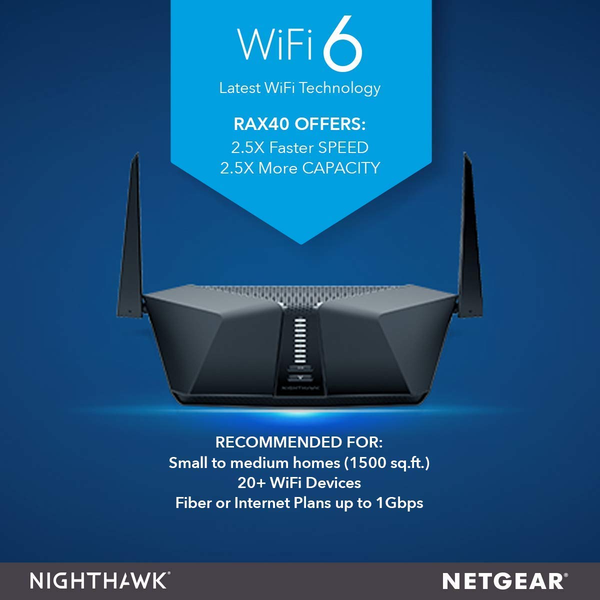 Netgear Nighthawk AX4 4-Stream WiFi 6 Router (RAX40) - AX3000 Wireless Speed (up to 3Gbps) | Coverage for Small-to-Medium Homes | 4 x 1G Ethernet and 1 x 3.0 USB Ports, Dual_Band, Black