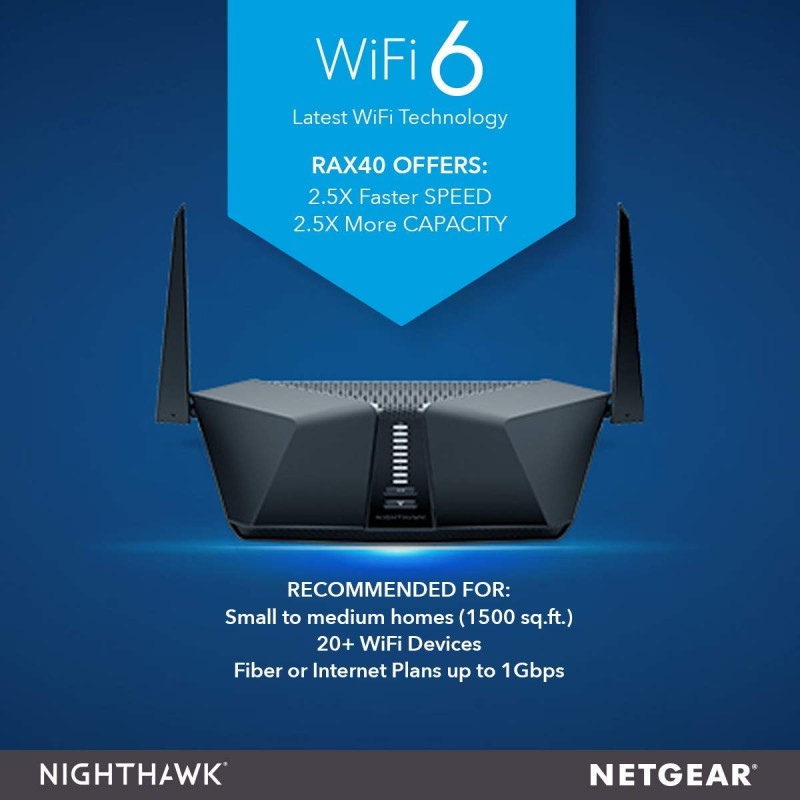 Netgear Nighthawk AX4 4-Stream WiFi 6 Router (RAX40) - AX3000 Wireless Speed (up to 3Gbps) | Coverage for Small-to-Medium Homes | 4 x 1G Ethernet and 1 x 3.0 USB Ports, Dual_Band, Black Netgear Nighthawk AX4 4-Stream WiFi 6 Router (RAX40) - AX3000 Wireless Speed (up to 3Gbps) | Coverage for Small-to-Medium Homes | 4 x 1G Ethernet and 1 x 3.0 USB Ports, Dual_Band, Black
