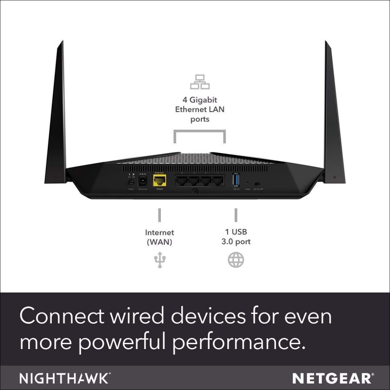 Netgear Nighthawk AX4 4-Stream WiFi 6 Router (RAX40) - AX3000 Wireless Speed (up to 3Gbps) | Coverage for Small-to-Medium Homes | 4 x 1G Ethernet and 1 x 3.0 USB Ports, Dual_Band, Black Netgear Nighthawk AX4 4-Stream WiFi 6 Router (RAX40) - AX3000 Wireless Speed (up to 3Gbps) | Coverage for Small-to-Medium Homes | 4 x 1G Ethernet and 1 x 3.0 USB Ports, Dual_Band, Black