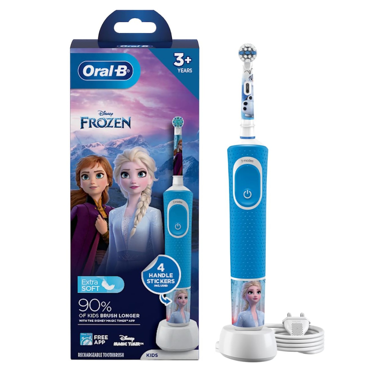 Oral B Kids Frozen Rechargeable Rotating Electric Toothbrush, 2 Brushing Modes (Daily & Sensitive), 2 Min Timer with Quadpacer, 2 Year Warranty by Oral-B, IPX7 Water Resistant, Round Brush Head