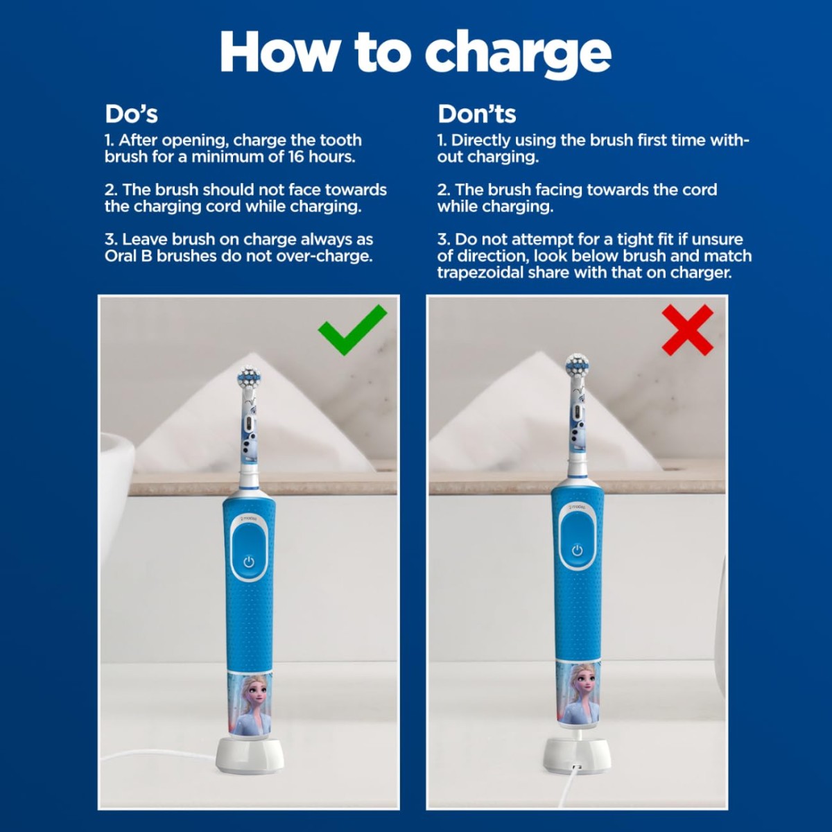 Oral B Kids Frozen Rechargeable Rotating Electric Toothbrush, 2 Brushing Modes (Daily & Sensitive), 2 Min Timer with Quadpacer, 2 Year Warranty by Oral-B, IPX7 Water Resistant, Round Brush Head