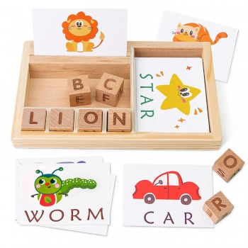 PATPAT® Spelling Puzzle Game, Wooden Matching Letters Toy with Flash Cards Words, Montessori ABC Alphabet Learning Educational Puzzle Gift for Preschool Boys Girls Kids Age 3-8 Years Old