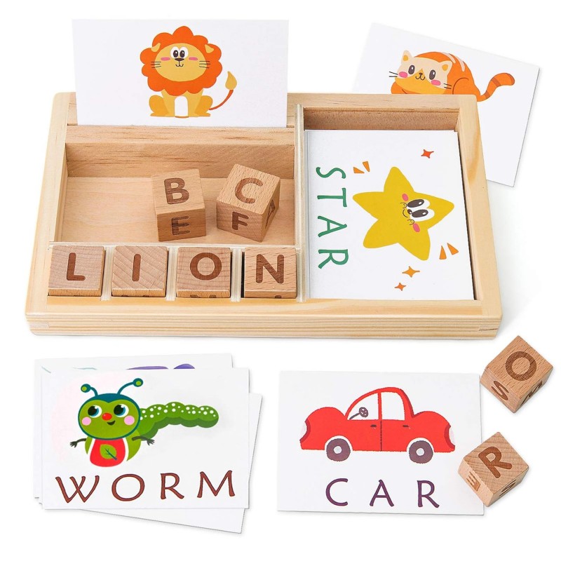 PATPAT® Spelling Puzzle Game, Wooden Matching Letters Toy with Flash Cards Words, Montessori ABC Alphabet Learning Educational Puzzle Gift for Preschool Boys Girls Kids Age 3-8 Years Old PATPAT® Spelling Puzzle Game, Wooden Matching Letters Toy with Flash Cards Words, Montessori ABC Alphabet Learning Educational Puzzle Gift for Preschool Boys Girls Kids Age 3-8 Years Old