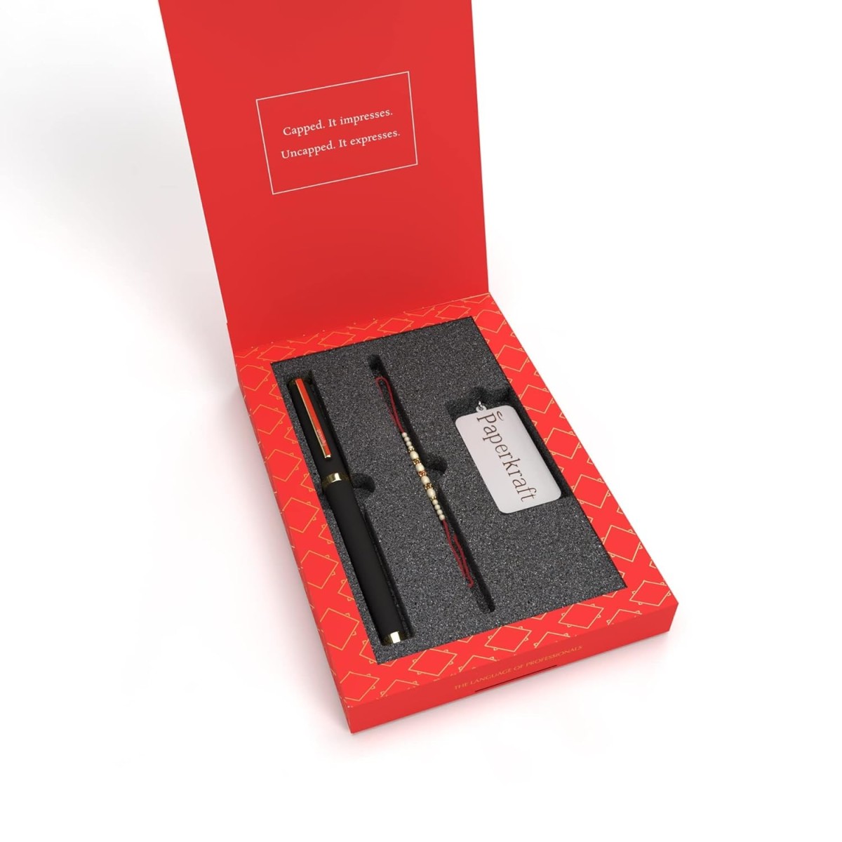 Paperkraft Expressions Gift Set - 1 Ceramic Roller ball Metal Pen with Gold trims 0.6 mm Stainless Steel Tip + 1 Stainless Steel Key Chain + 1 Free* Rakhi Band