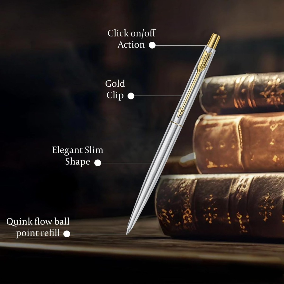 Parker Classic Stainless Steel Gold Trim Ball Pen| Ink Color - Blue | Corporate Gift | Ideal For Professional Use