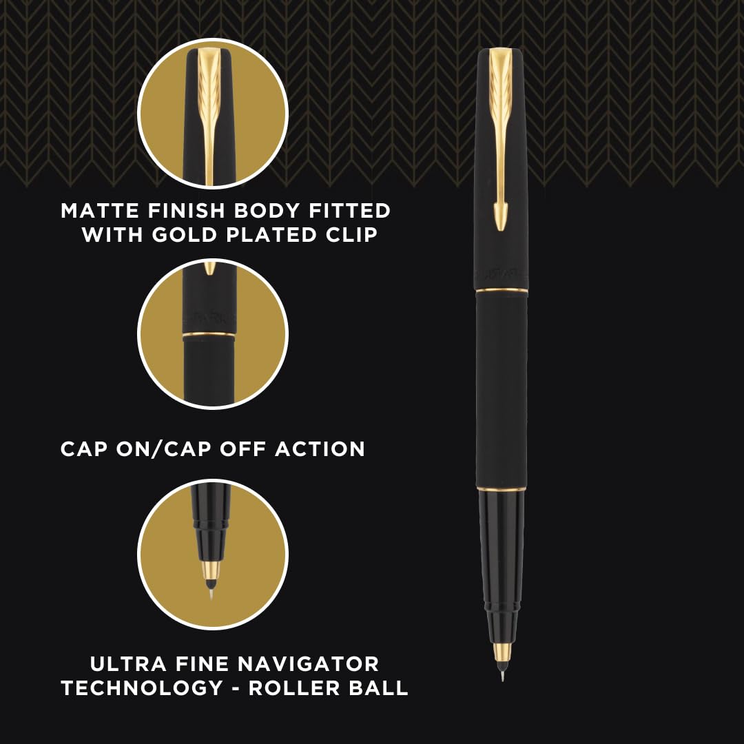 Parker Frontier Matte Black Gold Trim Roller Ball Pen| Ink Color - Blue | Perfect For Employees | Unique Gifts For Entrepreneurs
