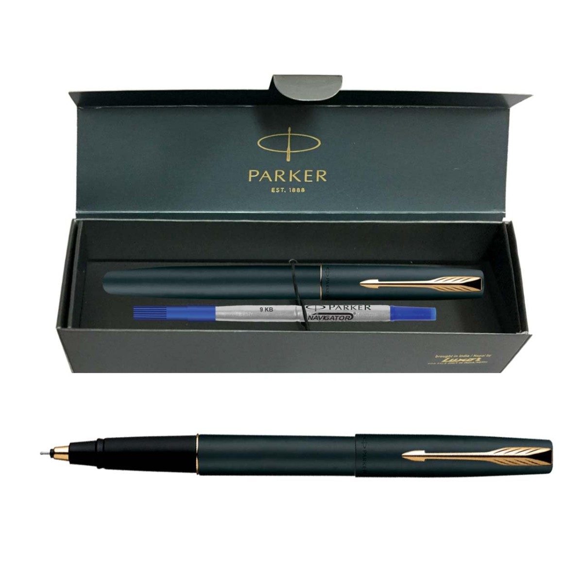 Parker Frontier Matte Black Gold Trim Roller Ball Pen| Ink Color - Blue | Perfect For Employees | Unique Gifts For Entrepreneurs