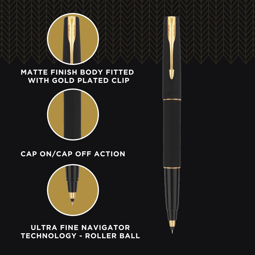 Parker Gift Set Frontier Matte Black Gold Trim Roller Ball Pen With Card Holder | 1 Pen + 1 Card Holder| Ink Color - Blue | Perfect For Employees | Unique Gifts For Entrepreneurs