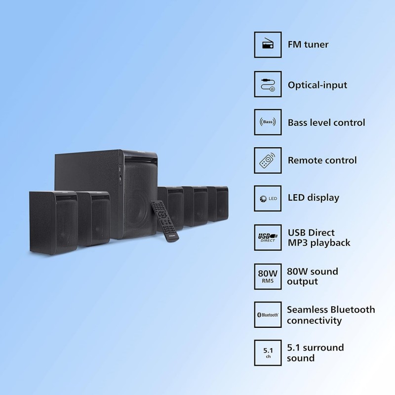 Philips Audio TAV5557 5.1 Channel 80W Bluetooth Multimedia Speaker System with 5x15W Satellite Speakers, Multi-Connectivity Option with Supporting USB, AUX, FM & Remote Control (Black) Philips Audio TAV5557 5.1 Channel 80W Bluetooth Multimedia Speaker System with 5x15W Satellite Speakers, Multi-Connectivity Option with Supporting USB, AUX, FM & Remote Control (Black)