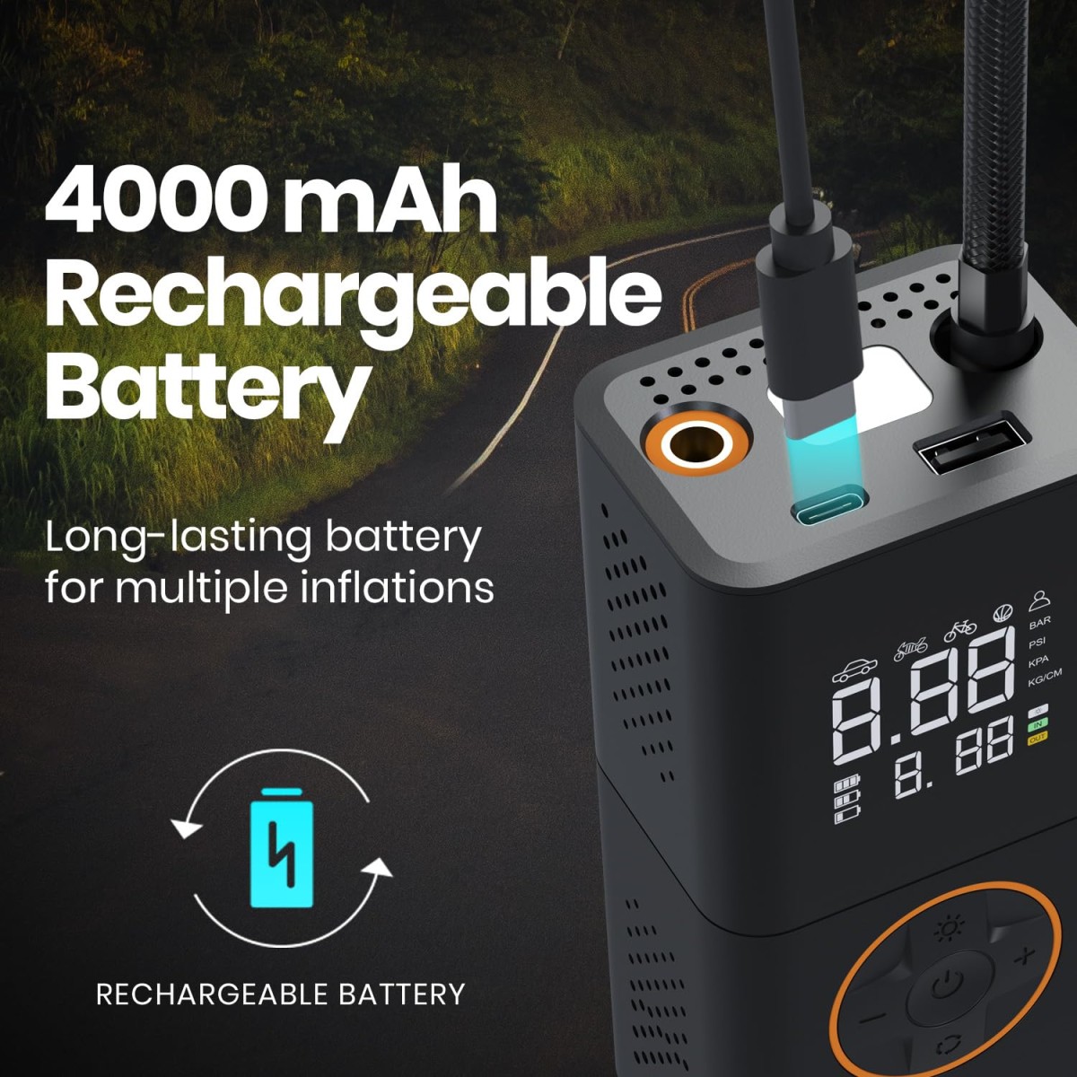 Portronics Vayu 3.0 Tyre Inflator, 150 PSI, 4000mAh Battery, Digital Display, Pressure Detection, Air Pump for Cars, Bikes, Bicycles & Balls (Black)