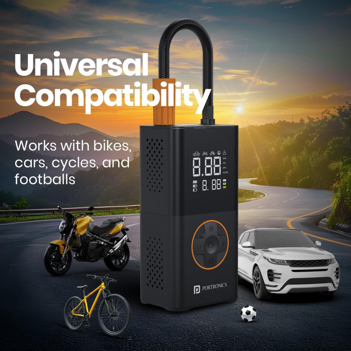 Portronics Vayu 3.0 Tyre Inflator, 150 PSI, 4000mAh Battery, Digital Display, Pressure Detection, Air Pump for Cars, Bikes, Bicycles & Balls (Black)