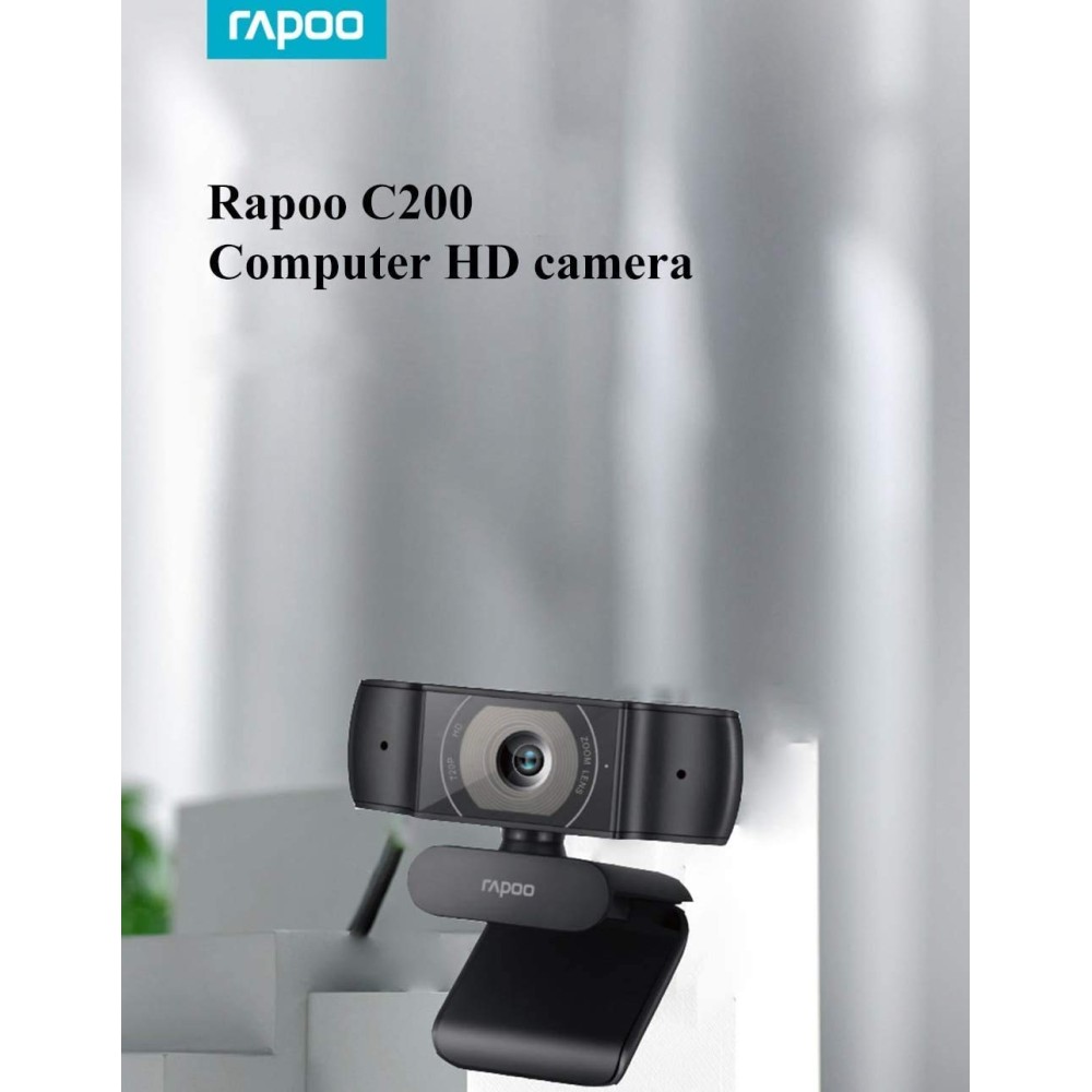 RAPOO C200 720P HD Webcam with Microphone, USB Computer Camera, Dual Noise Reduction Mics, 100° Wide-Angle Lens, Plug & Play, Ideal for Zoom, Skype, Teams, Video Calls, and Conferencing.