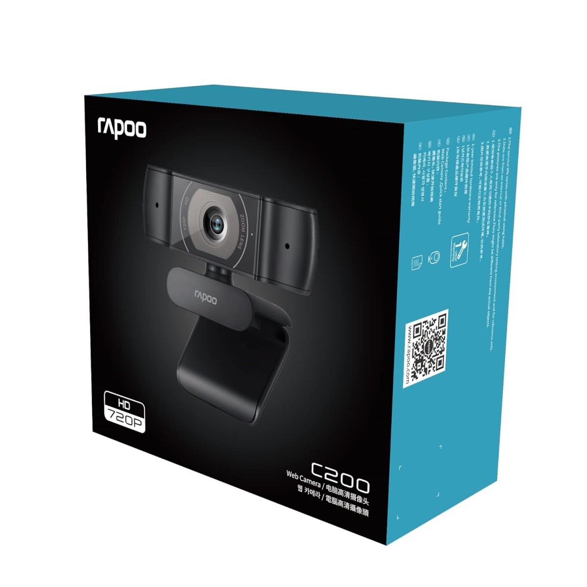 RAPOO C200 720P HD Webcam with Microphone, USB Computer Camera, Dual Noise Reduction Mics, 100° Wide-Angle Lens, Plug & Play, Ideal for Zoom, Skype, Teams, Video Calls, and Conferencing.
