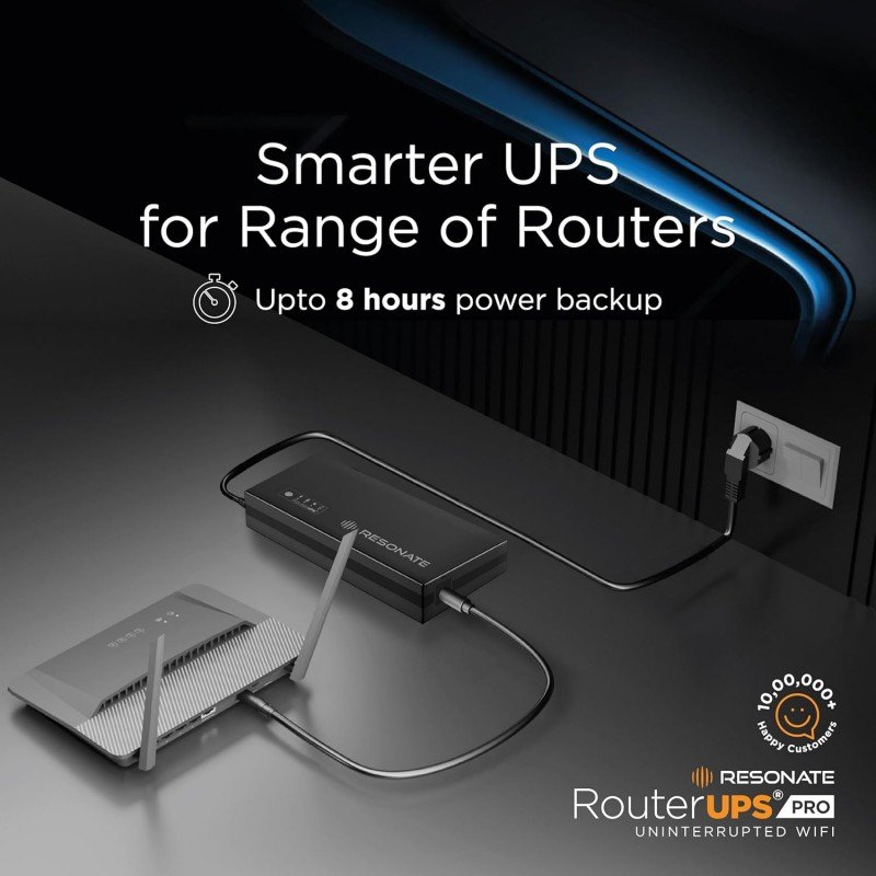 Resonate RouterUPS® Pro (100% Extra Backup) | 10400mAh Mini UPS Power Backup for 12V WiFi Router & Modem (Supports upto 3A) | Upto 8 Hrs with Multi-LED Indicator | Jio Fiber, Airtel Xstream Compatible Resonate RouterUPS® Pro (100% Extra Backup) | 10400mAh Mini UPS Power Backup for 12V WiFi Router & Modem (Supports upto 3A) | Upto 8 Hrs with Multi-LED Indicator | Jio Fiber, Airtel Xstream Compatible