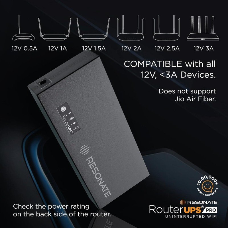 Resonate RouterUPS® Pro (100% Extra Backup) | 10400mAh Mini UPS Power Backup for 12V WiFi Router & Modem (Supports upto 3A) | Upto 8 Hrs with Multi-LED Indicator | Jio Fiber, Airtel Xstream Compatible Resonate RouterUPS® Pro (100% Extra Backup) | 10400mAh Mini UPS Power Backup for 12V WiFi Router & Modem (Supports upto 3A) | Upto 8 Hrs with Multi-LED Indicator | Jio Fiber, Airtel Xstream Compatible