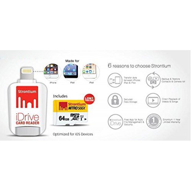 Strontium Nitro iDrive Card Reader (White) with Strontium Nitro 64GB UHS-I Class 10 MicroSD Card Strontium Nitro iDrive Card Reader (White) with Strontium Nitro 64GB UHS-I Class 10 MicroSD Card