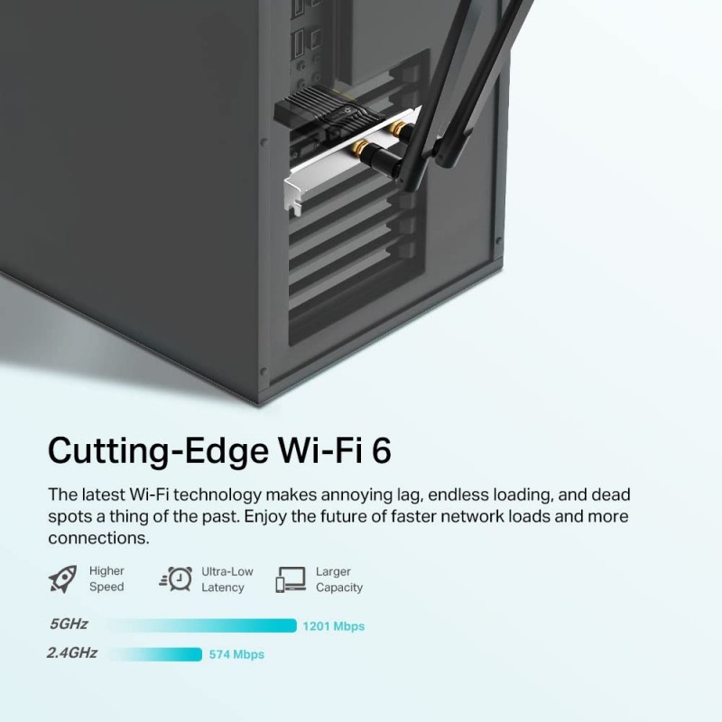 TP-Link AX1800 Wi-Fi 6 High Gain Antennas Bluetooth 5.2 PCIe Adapter, Dual-Band, Low-Profile Bracket, MU-MIMO, Low- Latency Gaming, Supports Windows 10/11, Highly Secure WPA3 (Archer TX20E), Black TP-Link AX1800 Wi-Fi 6 High Gain Antennas Bluetooth 5.2 PCIe Adapter, Dual-Band, Low-Profile Bracket, MU-MIMO, Low- Latency Gaming, Supports Windows 10/11, Highly Secure WPA3 (Archer TX20E), Black