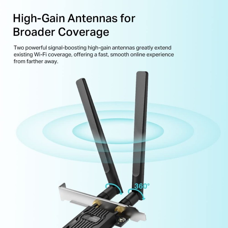 TP-Link AX1800 Wi-Fi 6 High Gain Antennas Bluetooth 5.2 PCIe Adapter, Dual-Band, Low-Profile Bracket, MU-MIMO, Low- Latency Gaming, Supports Windows 10/11, Highly Secure WPA3 (Archer TX20E), Black TP-Link AX1800 Wi-Fi 6 High Gain Antennas Bluetooth 5.2 PCIe Adapter, Dual-Band, Low-Profile Bracket, MU-MIMO, Low- Latency Gaming, Supports Windows 10/11, Highly Secure WPA3 (Archer TX20E), Black