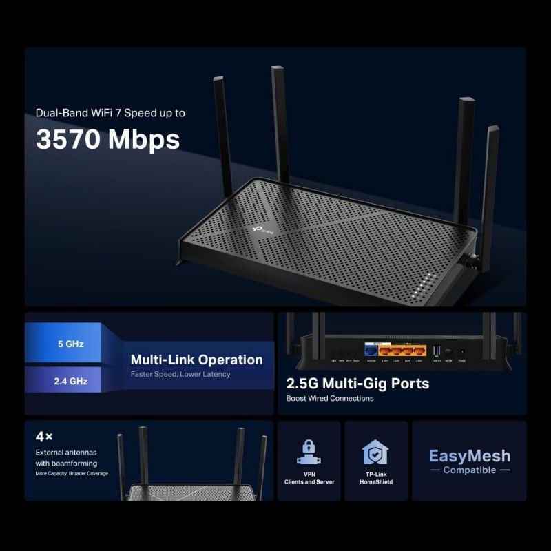 TP-Link Archer BE230 Dual-Band BE3600 Wi-Fi 7 Router| 4K/8K Streaming | 3.6 Gbps | 2×2.5G + 3×1G Ports, USB 3.0, 4K-QAM, 4 Antennas | VPN, EasyMesh, MU-MIMO | Works with Alexa and Google Assistant TP-Link Archer BE230 Dual-Band BE3600 Wi-Fi 7 Router| 4K/8K Streaming | 3.6 Gbps | 2×2.5G + 3×1G Ports, USB 3.0, 4K-QAM, 4 Antennas | VPN, EasyMesh, MU-MIMO | Works with Alexa and Google Assistant
