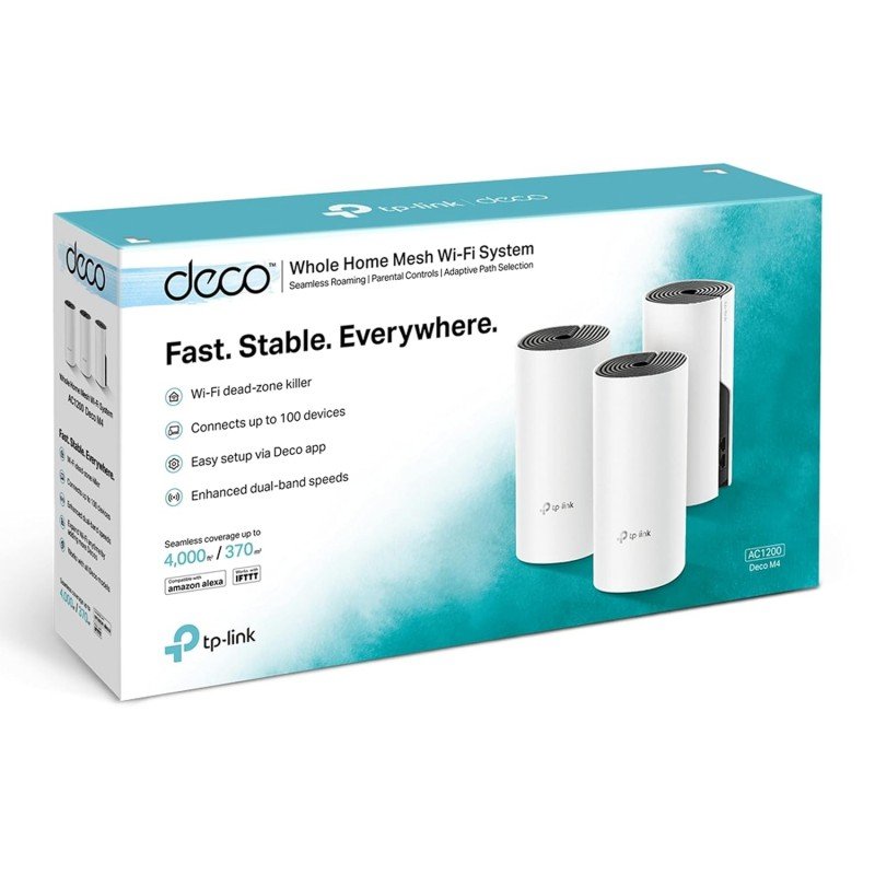 TP-Link Deco M4 Whole Home Mesh Wi-Fi System, Seamless Roaming and Speedy (Ac1200), Dual_Band, Work with Amazon Echo/Alexa, Router and Wi-Fi Booster, Parent Control Router, Pack of 3 TP-Link Deco M4 Whole Home Mesh Wi-Fi System, Seamless Roaming and Speedy (Ac1200), Dual_Band, Work with Amazon Echo/Alexa, Router and Wi-Fi Booster, Parent Control Router, Pack of 3